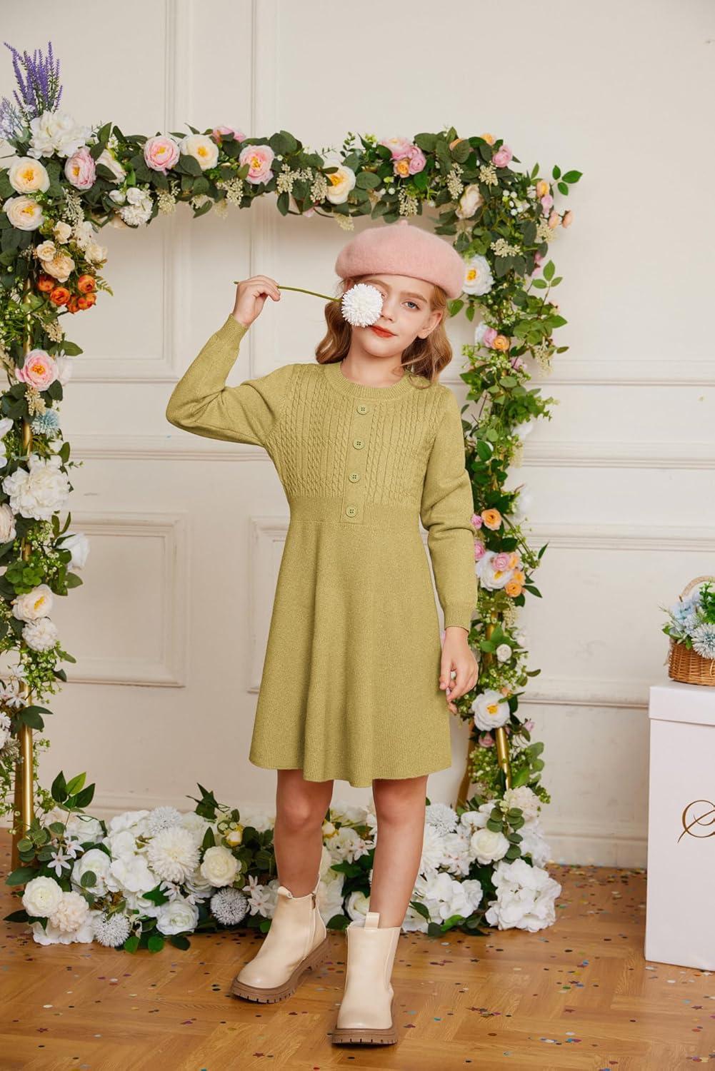 imageGRACE KARIN Girl Dress Long Sleeve Sweater Ruffle Button Front Knit Casual Fall Winter Dresses for Girls 512Grass Yellow