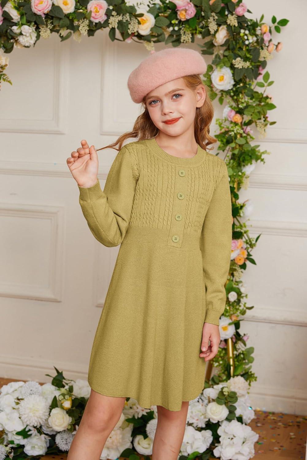 imageGRACE KARIN Girl Dress Long Sleeve Sweater Ruffle Button Front Knit Casual Fall Winter Dresses for Girls 512Grass Yellow