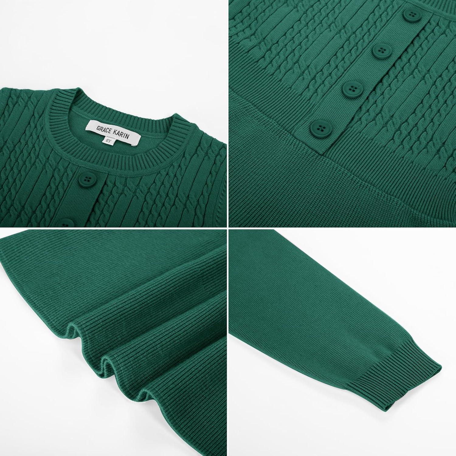 imageGRACE KARIN Girl Dress Long Sleeve Sweater Ruffle Button Front Knit Casual Fall Winter Dresses for Girls 512Green