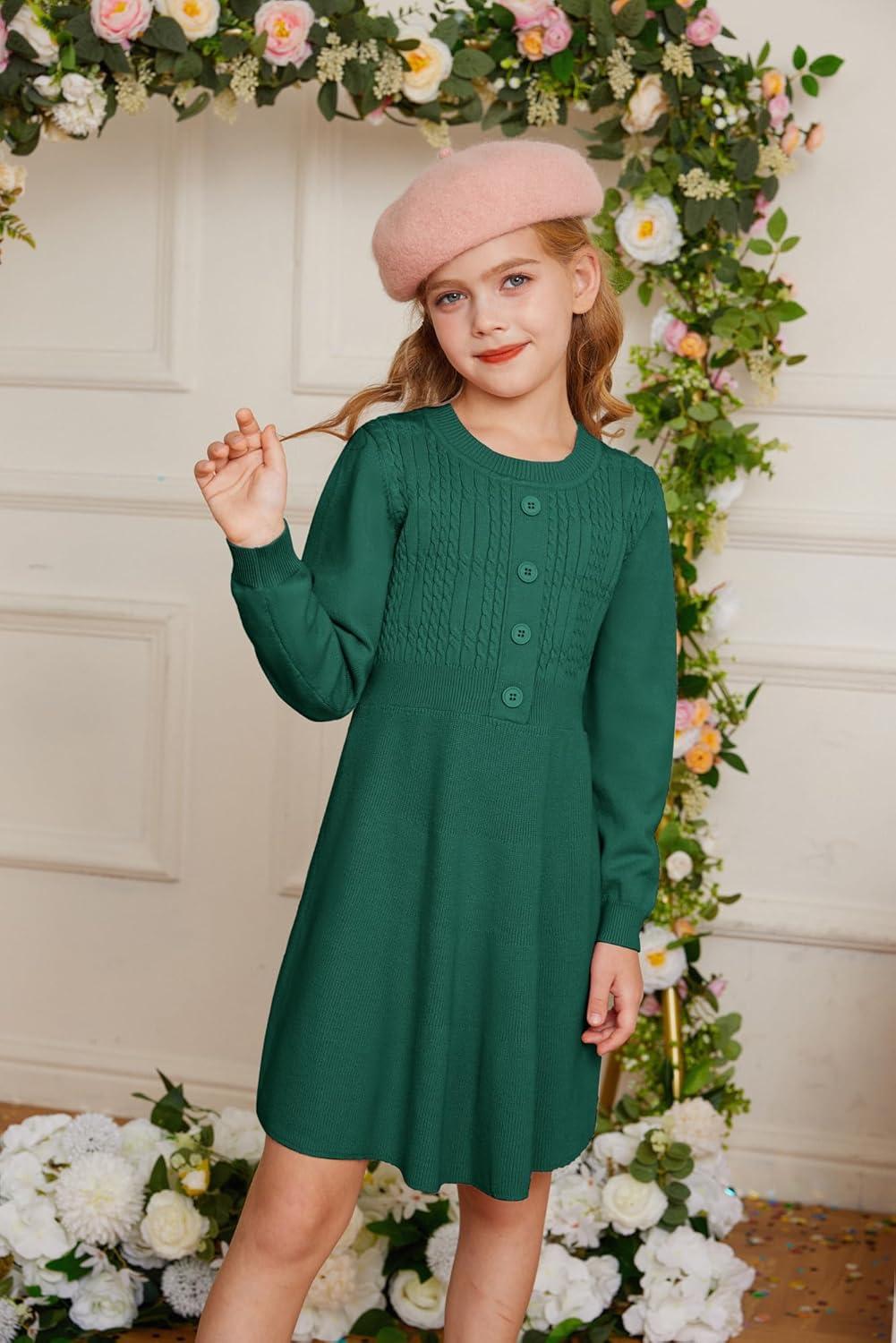 imageGRACE KARIN Girl Dress Long Sleeve Sweater Ruffle Button Front Knit Casual Fall Winter Dresses for Girls 512Green