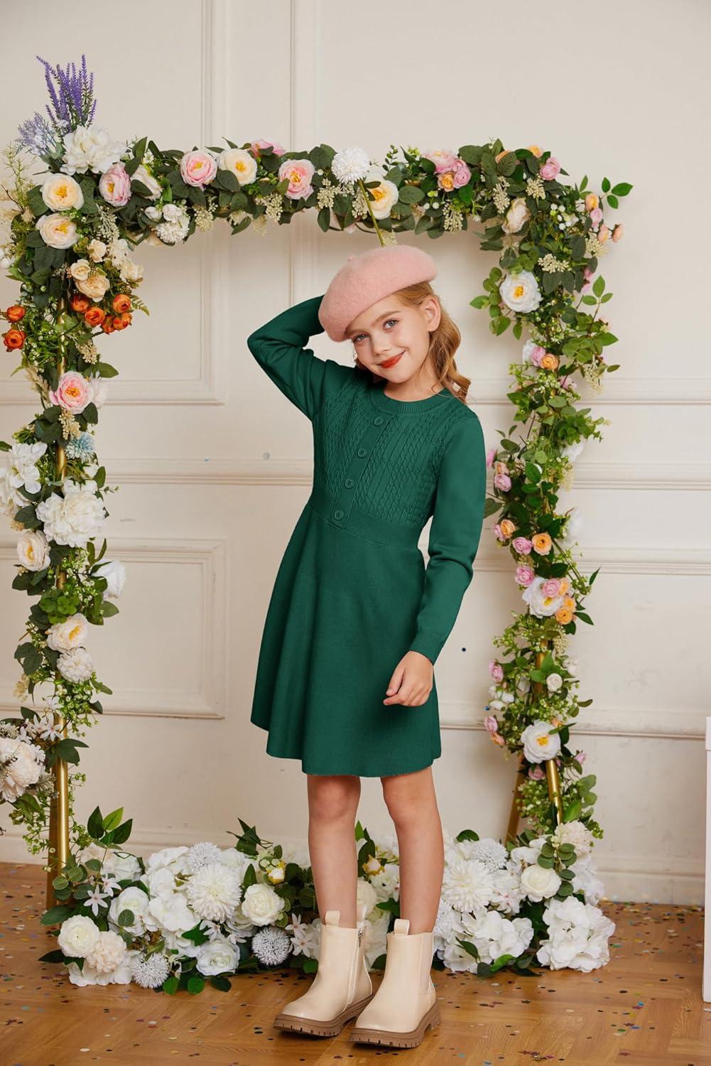 imageGRACE KARIN Girl Dress Long Sleeve Sweater Ruffle Button Front Knit Casual Fall Winter Dresses for Girls 512Green