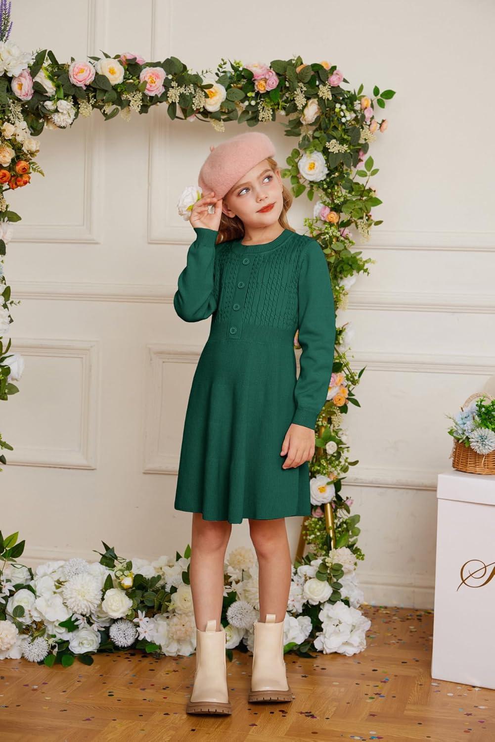 imageGRACE KARIN Girl Dress Long Sleeve Sweater Ruffle Button Front Knit Casual Fall Winter Dresses for Girls 512Green