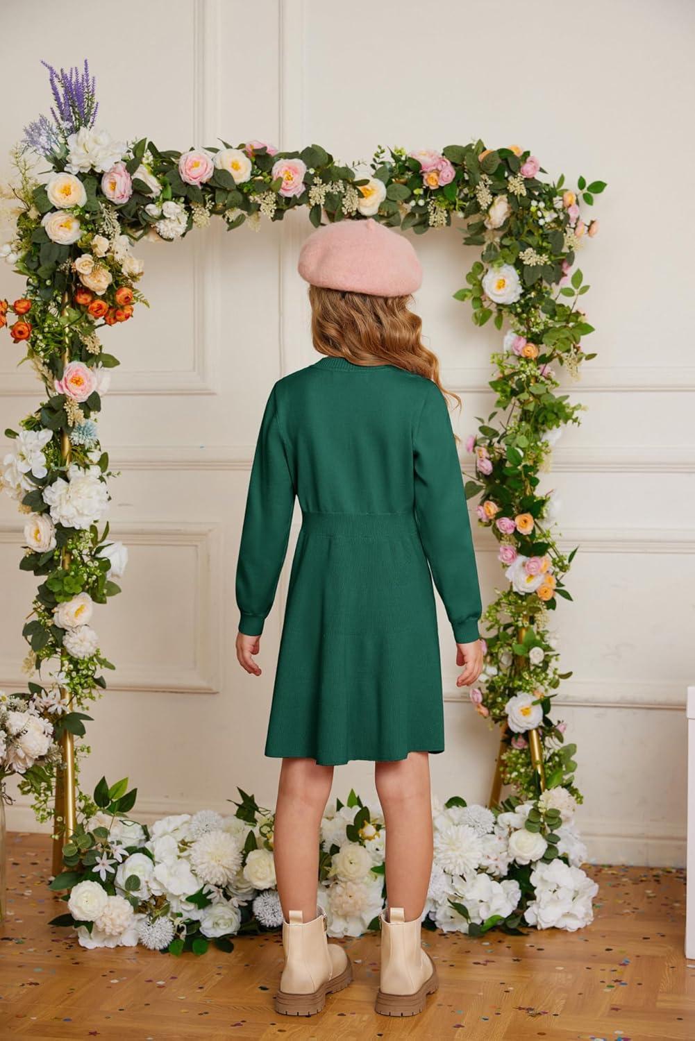 imageGRACE KARIN Girl Dress Long Sleeve Sweater Ruffle Button Front Knit Casual Fall Winter Dresses for Girls 512Green