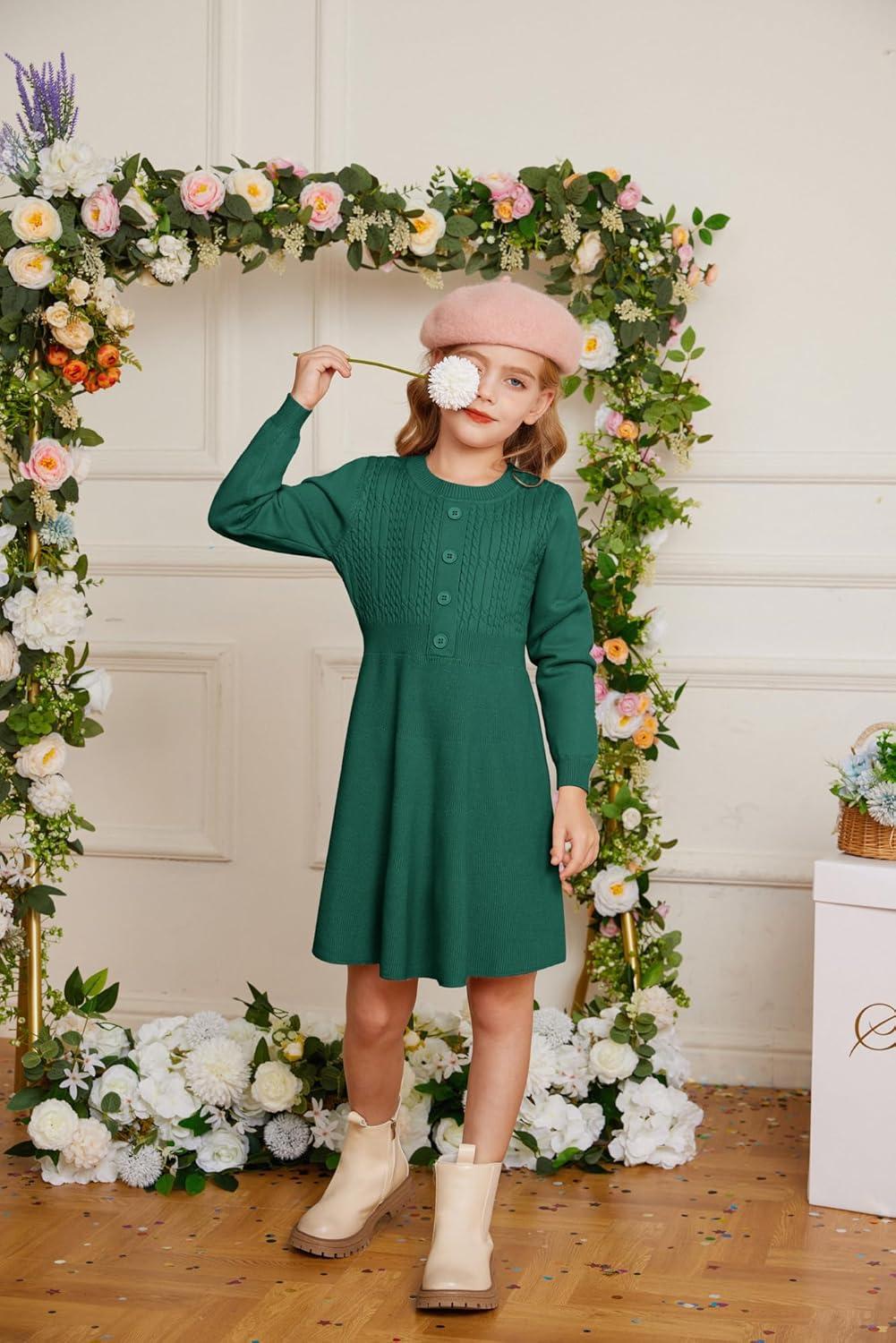 imageGRACE KARIN Girl Dress Long Sleeve Sweater Ruffle Button Front Knit Casual Fall Winter Dresses for Girls 512Green