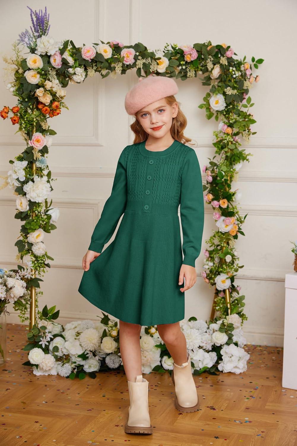 imageGRACE KARIN Girl Dress Long Sleeve Sweater Ruffle Button Front Knit Casual Fall Winter Dresses for Girls 512Green