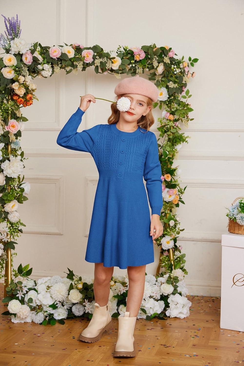 imageGRACE KARIN Girl Dress Long Sleeve Sweater Ruffle Button Front Knit Casual Fall Winter Dresses for Girls 512Kleinland
