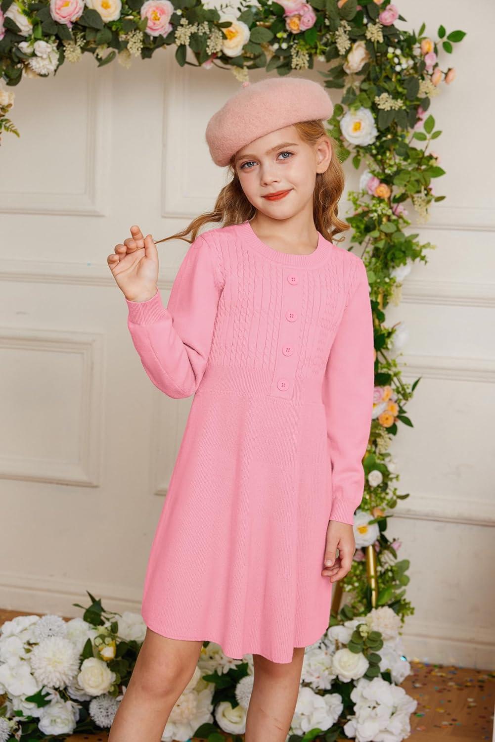 imageGRACE KARIN Girl Dress Long Sleeve Sweater Ruffle Button Front Knit Casual Fall Winter Dresses for Girls 512Peach Pink