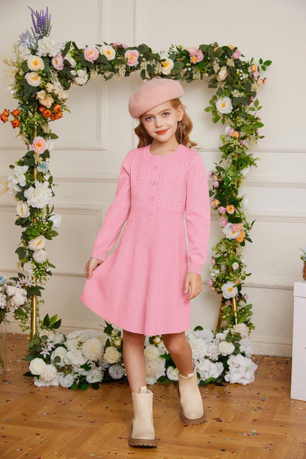 imageGRACE KARIN Girl Dress Long Sleeve Sweater Ruffle Button Front Knit Casual Fall Winter Dresses for Girls 512Peach Pink