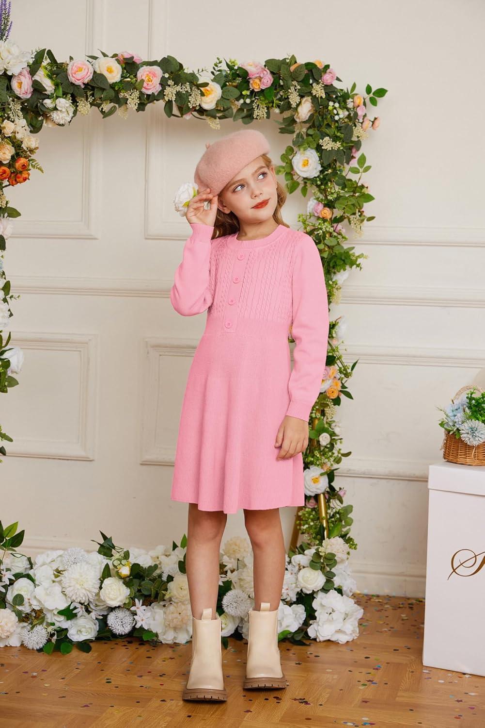 imageGRACE KARIN Girl Dress Long Sleeve Sweater Ruffle Button Front Knit Casual Fall Winter Dresses for Girls 512Peach Pink