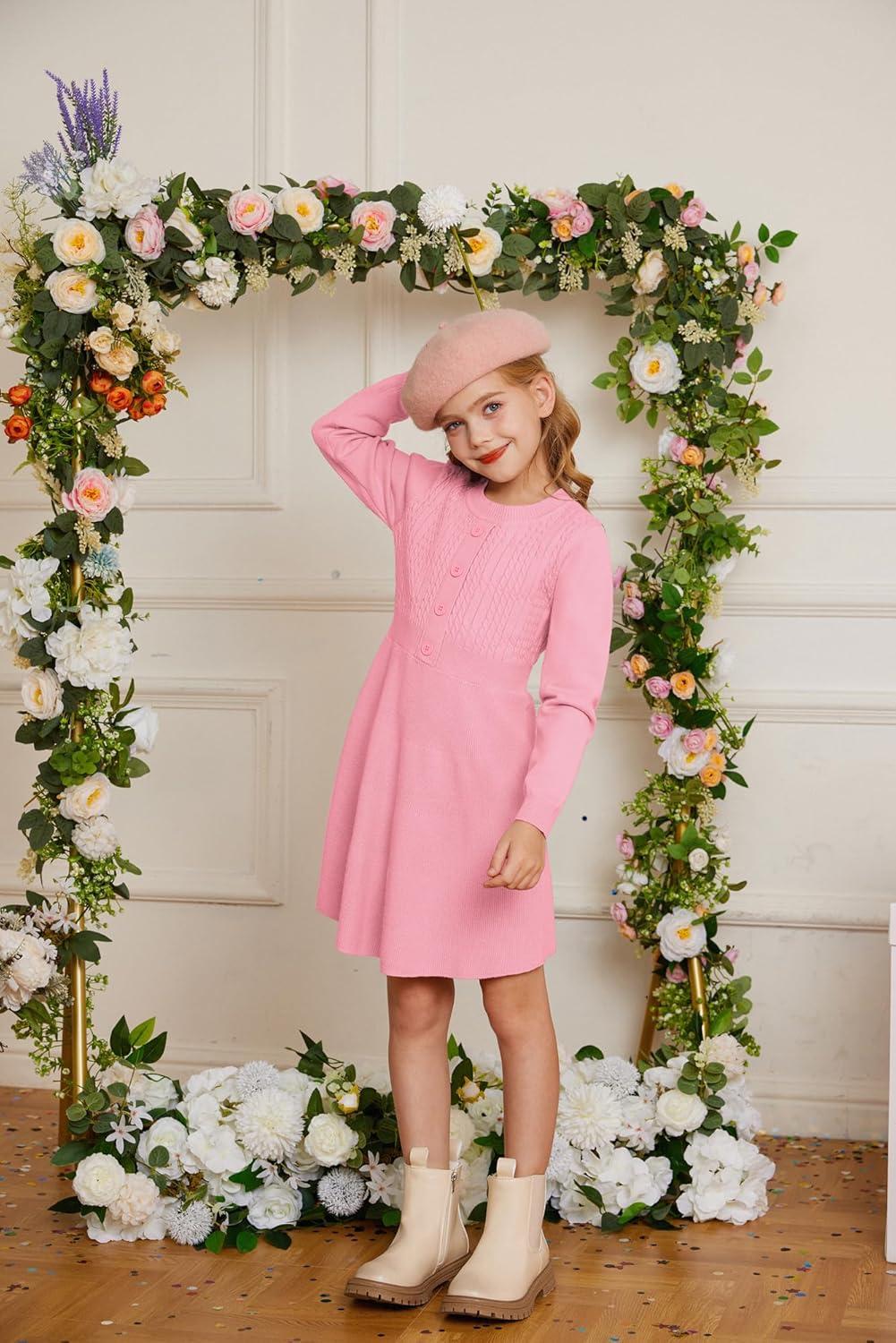 imageGRACE KARIN Girl Dress Long Sleeve Sweater Ruffle Button Front Knit Casual Fall Winter Dresses for Girls 512Peach Pink
