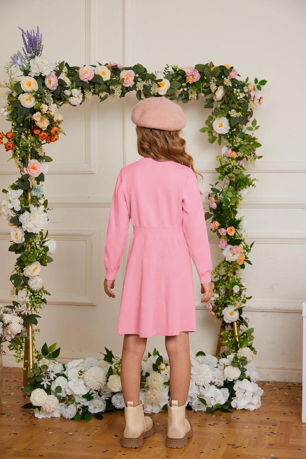 imageGRACE KARIN Girl Dress Long Sleeve Sweater Ruffle Button Front Knit Casual Fall Winter Dresses for Girls 512Peach Pink