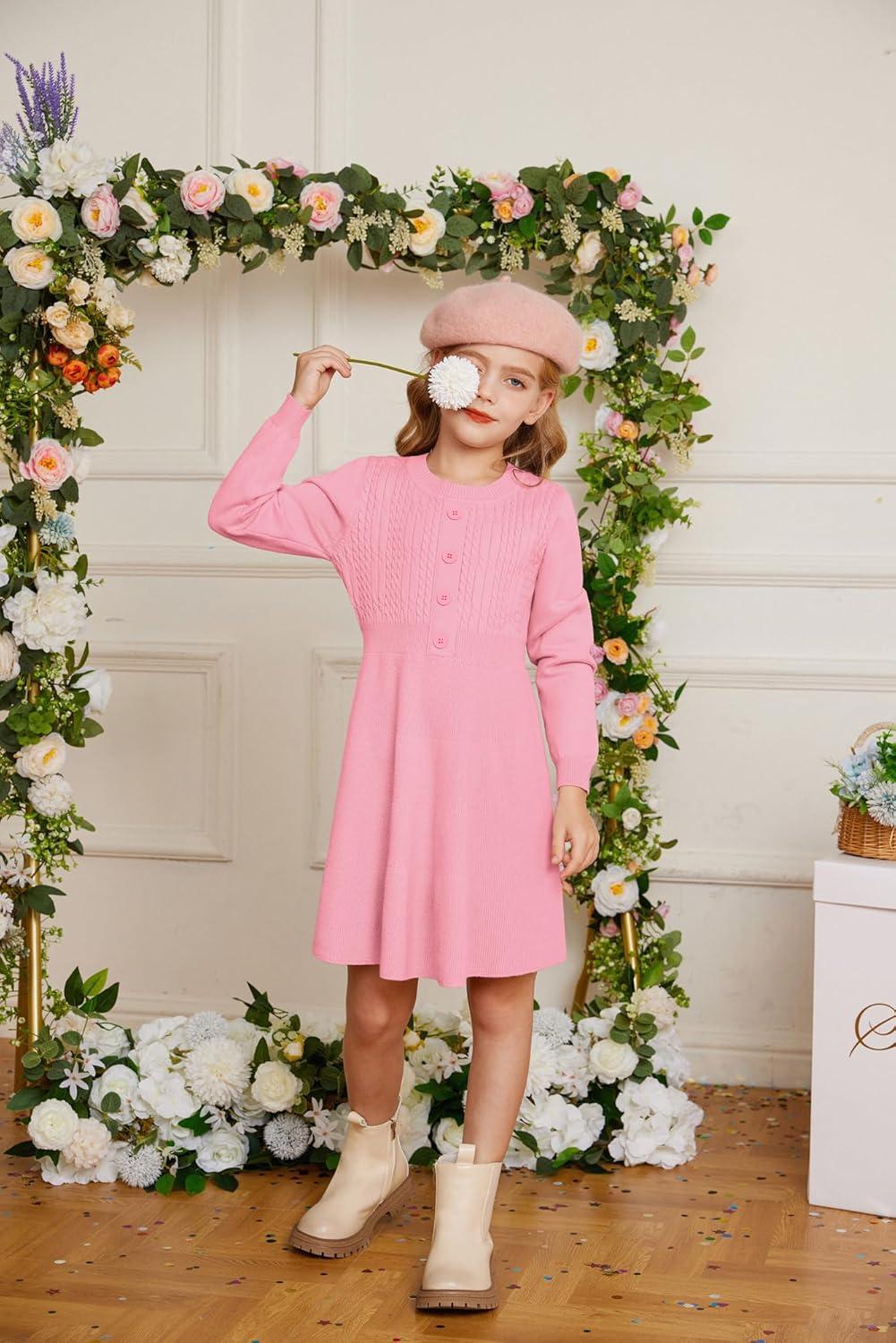imageGRACE KARIN Girl Dress Long Sleeve Sweater Ruffle Button Front Knit Casual Fall Winter Dresses for Girls 512Peach Pink