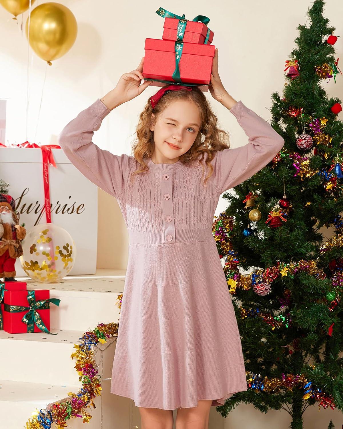 imageGRACE KARIN Girl Dress Long Sleeve Sweater Ruffle Button Front Knit Casual Fall Winter Dresses for Girls 512Pink