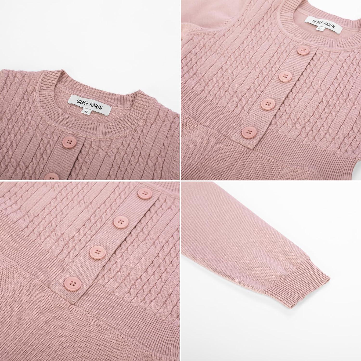 imageGRACE KARIN Girl Dress Long Sleeve Sweater Ruffle Button Front Knit Casual Fall Winter Dresses for Girls 512Pink