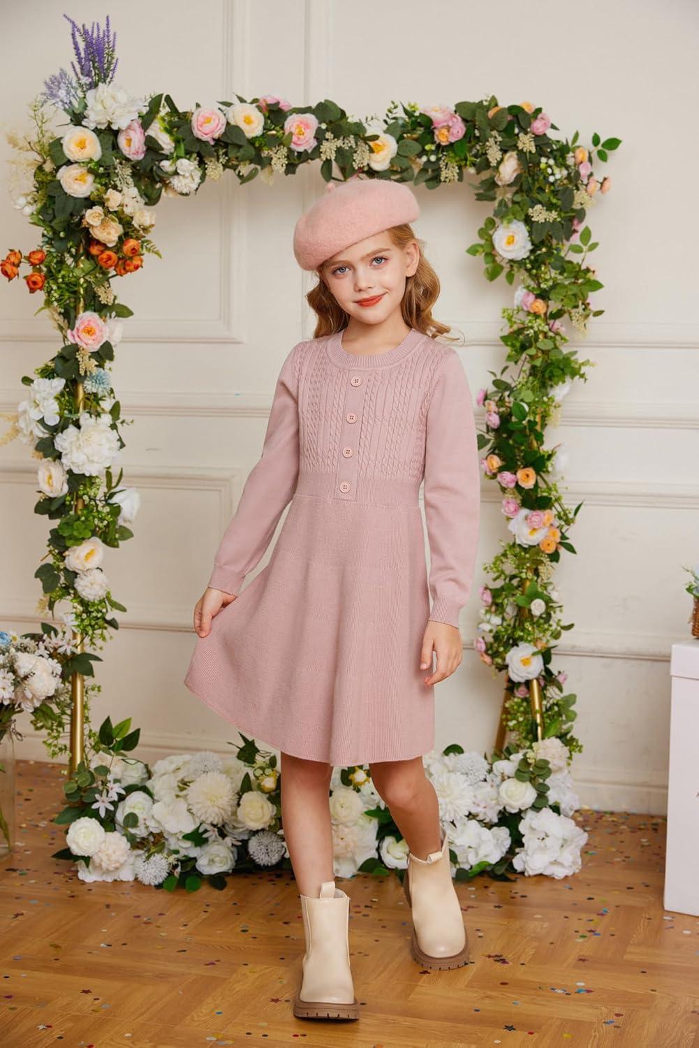 imageGRACE KARIN Girl Dress Long Sleeve Sweater Ruffle Button Front Knit Casual Fall Winter Dresses for Girls 512Pink