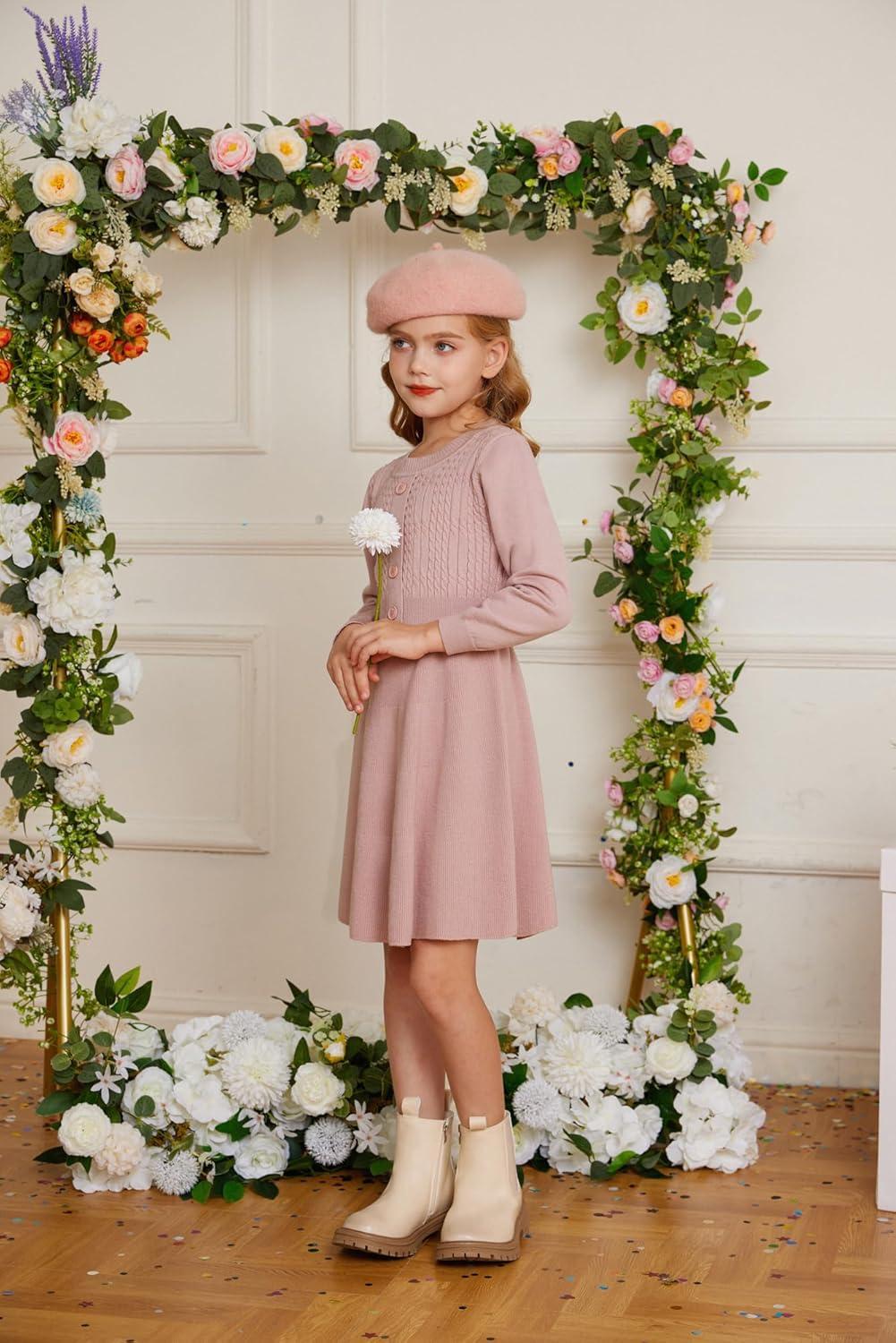 imageGRACE KARIN Girl Dress Long Sleeve Sweater Ruffle Button Front Knit Casual Fall Winter Dresses for Girls 512Pink