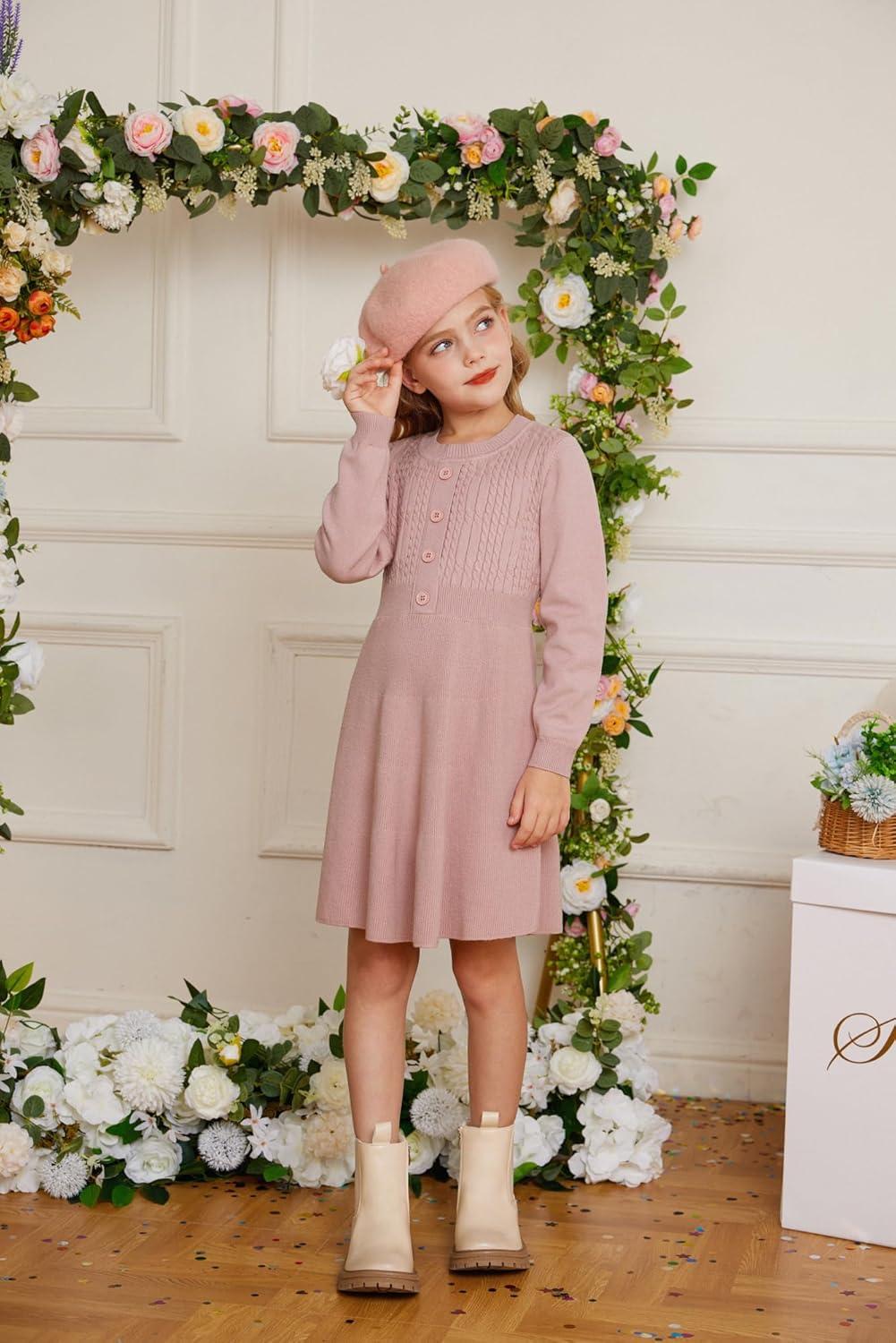 imageGRACE KARIN Girl Dress Long Sleeve Sweater Ruffle Button Front Knit Casual Fall Winter Dresses for Girls 512Pink