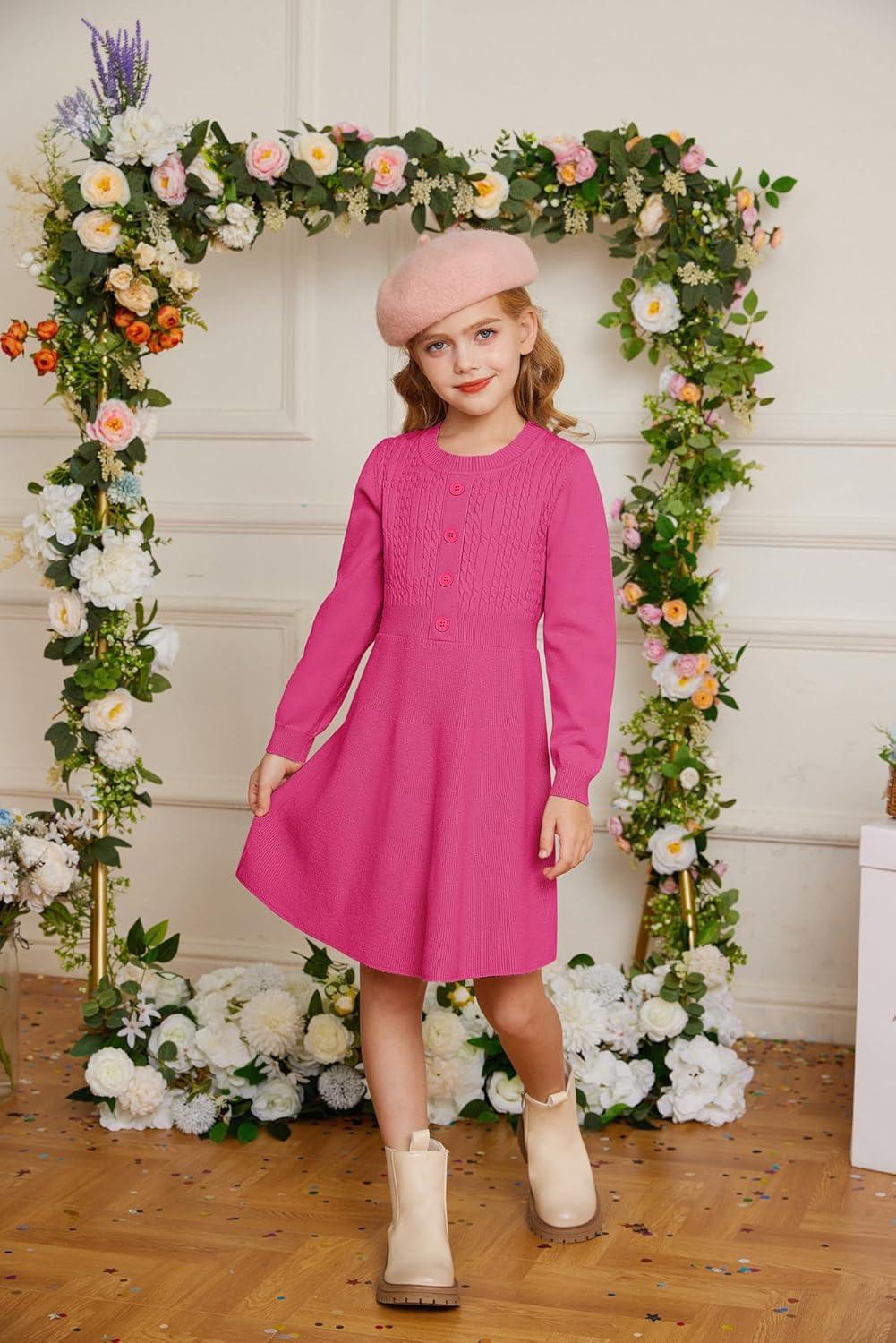 imageGRACE KARIN Girl Dress Long Sleeve Sweater Ruffle Button Front Knit Casual Fall Winter Dresses for Girls 512Rose Red