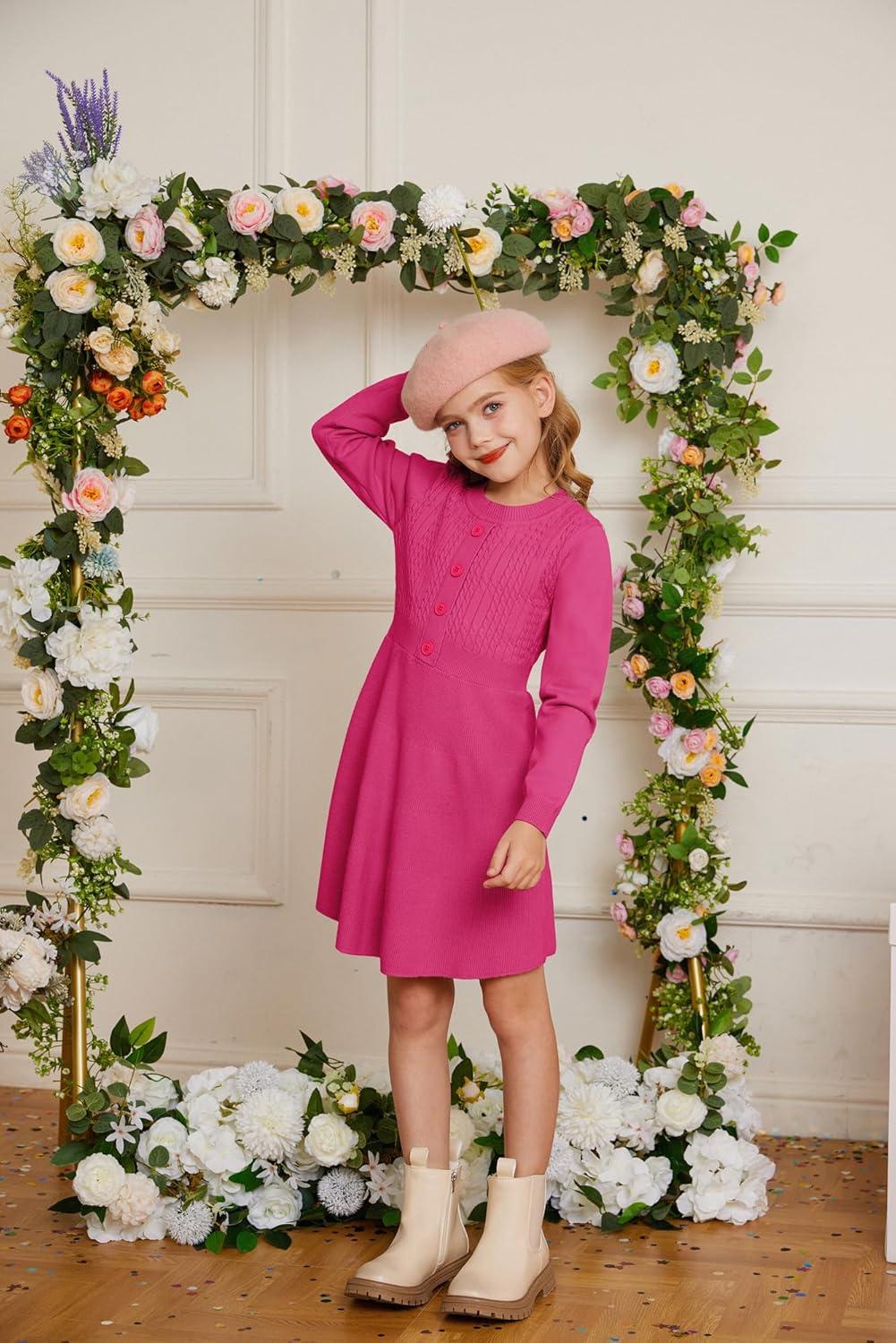 imageGRACE KARIN Girl Dress Long Sleeve Sweater Ruffle Button Front Knit Casual Fall Winter Dresses for Girls 512Rose Red
