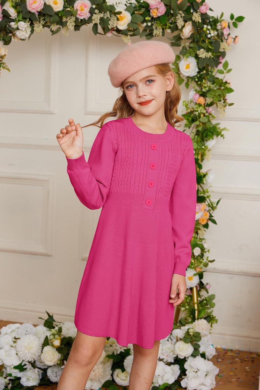 imageGRACE KARIN Girl Dress Long Sleeve Sweater Ruffle Button Front Knit Casual Fall Winter Dresses for Girls 512Rose Red