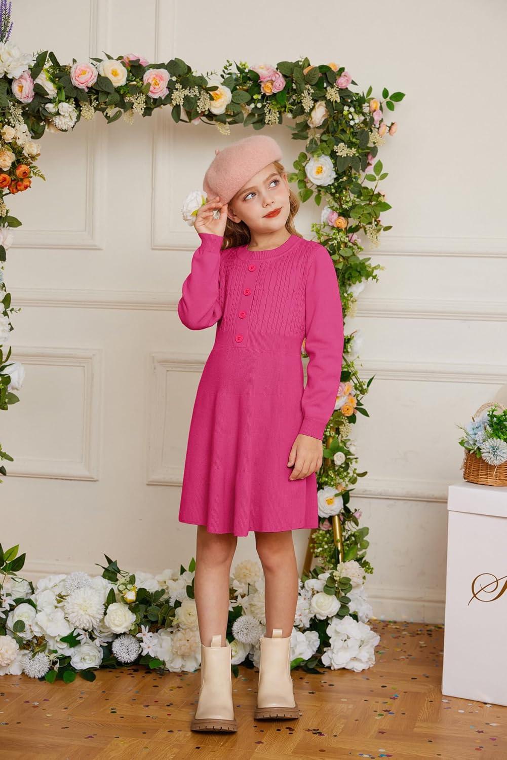 imageGRACE KARIN Girl Dress Long Sleeve Sweater Ruffle Button Front Knit Casual Fall Winter Dresses for Girls 512Rose Red
