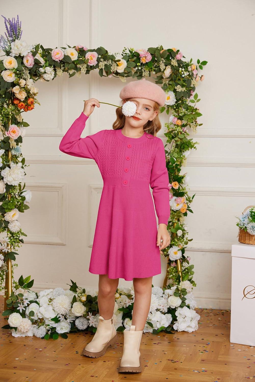 imageGRACE KARIN Girl Dress Long Sleeve Sweater Ruffle Button Front Knit Casual Fall Winter Dresses for Girls 512Rose Red