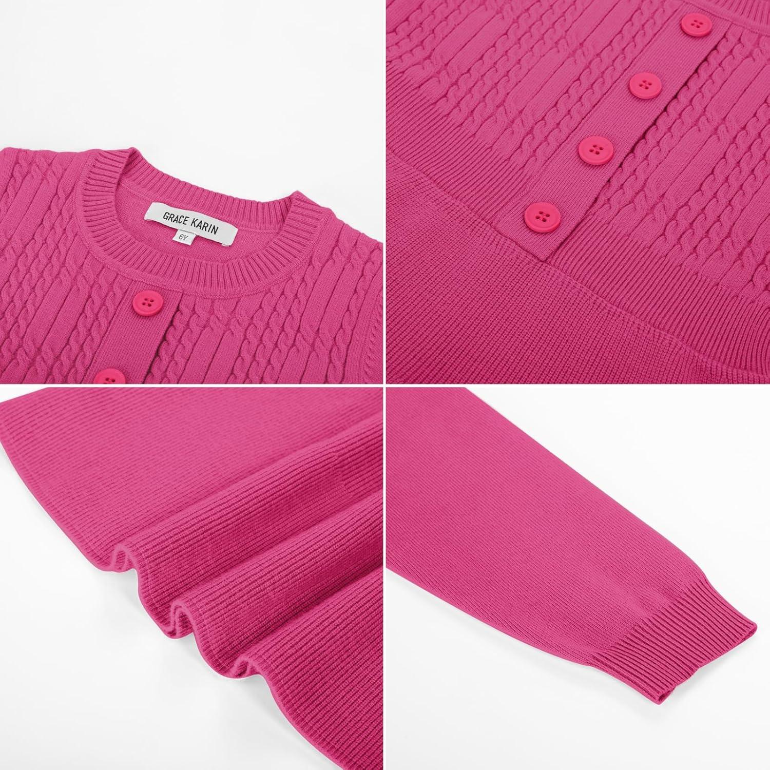 imageGRACE KARIN Girl Dress Long Sleeve Sweater Ruffle Button Front Knit Casual Fall Winter Dresses for Girls 512Rose Red