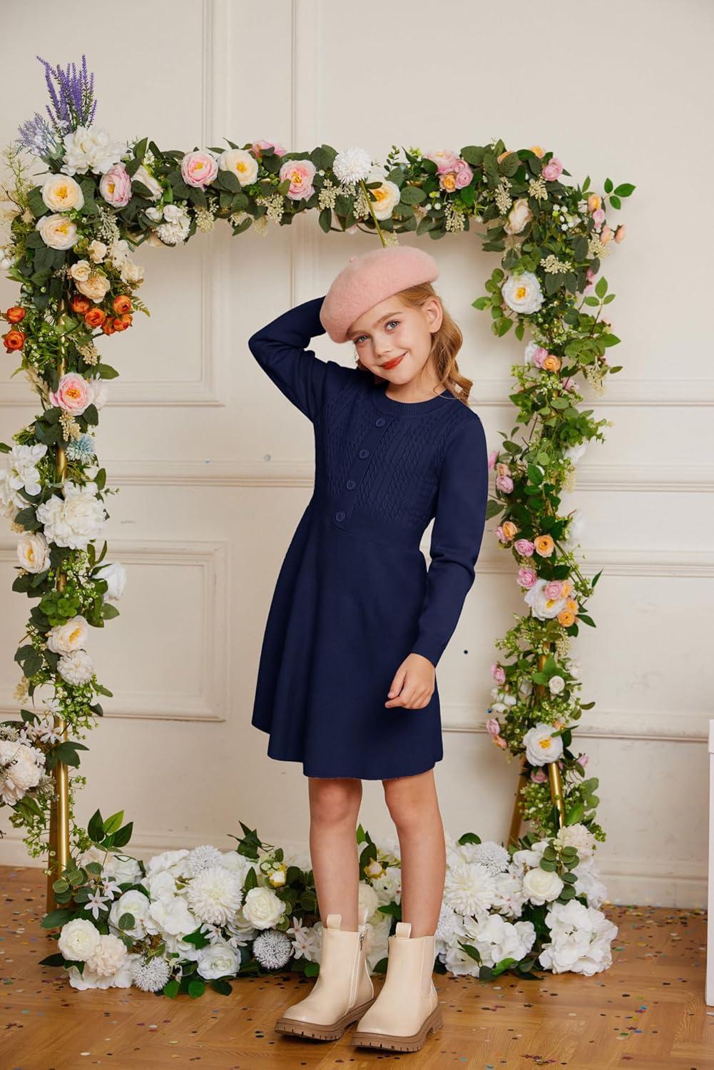 imageGRACE KARIN Girl Dress Long Sleeve Sweater Ruffle Button Front Knit Casual Fall Winter Dresses for Girls 512Royal Blue