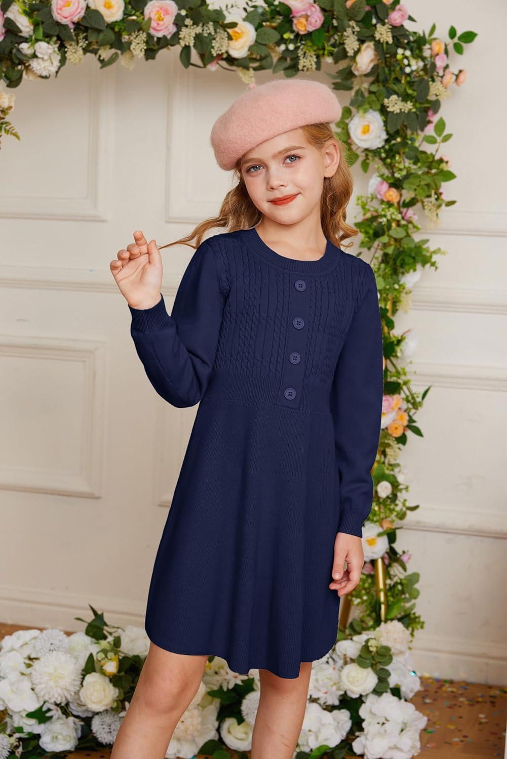 imageGRACE KARIN Girl Dress Long Sleeve Sweater Ruffle Button Front Knit Casual Fall Winter Dresses for Girls 512Royal Blue