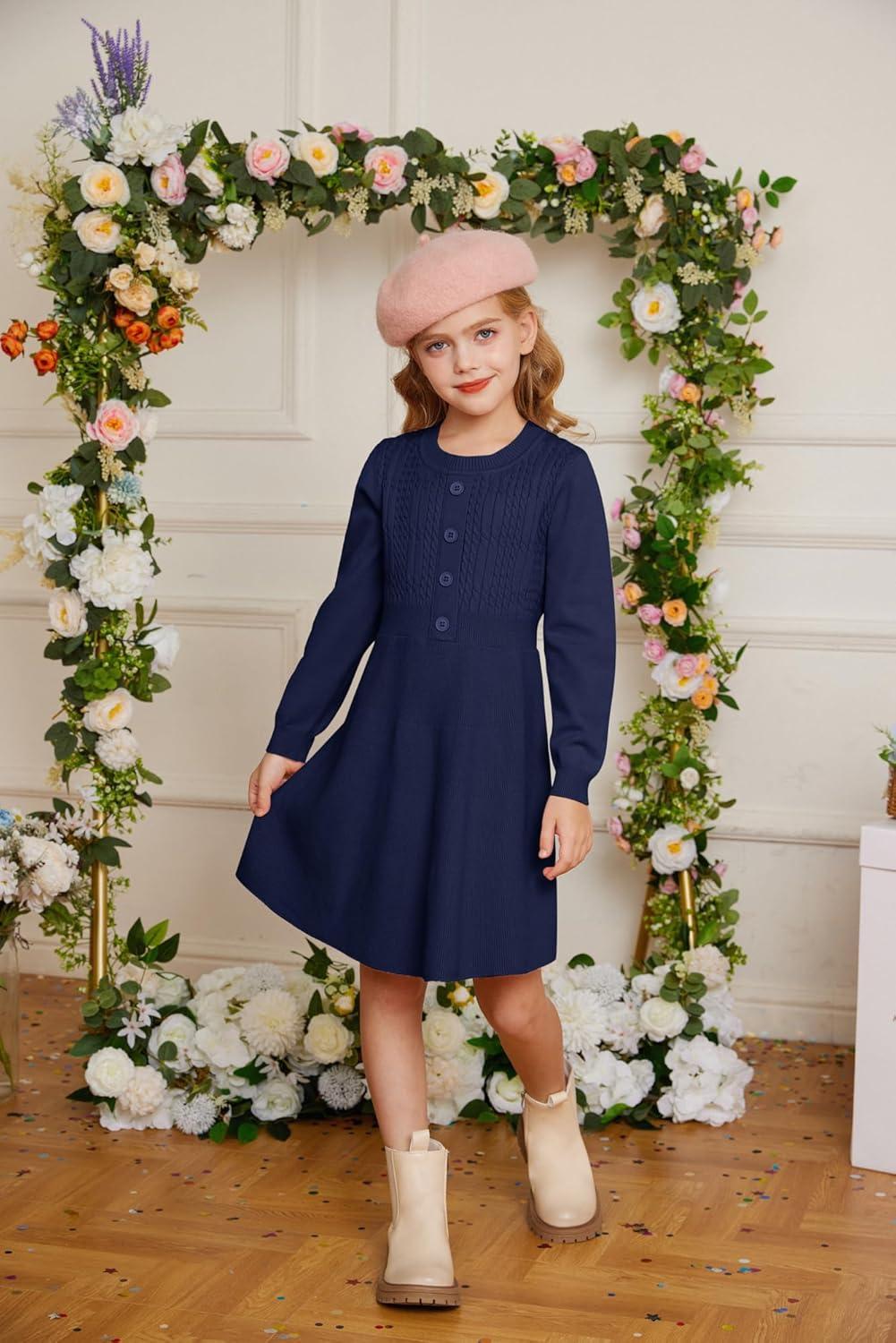 imageGRACE KARIN Girl Dress Long Sleeve Sweater Ruffle Button Front Knit Casual Fall Winter Dresses for Girls 512Royal Blue