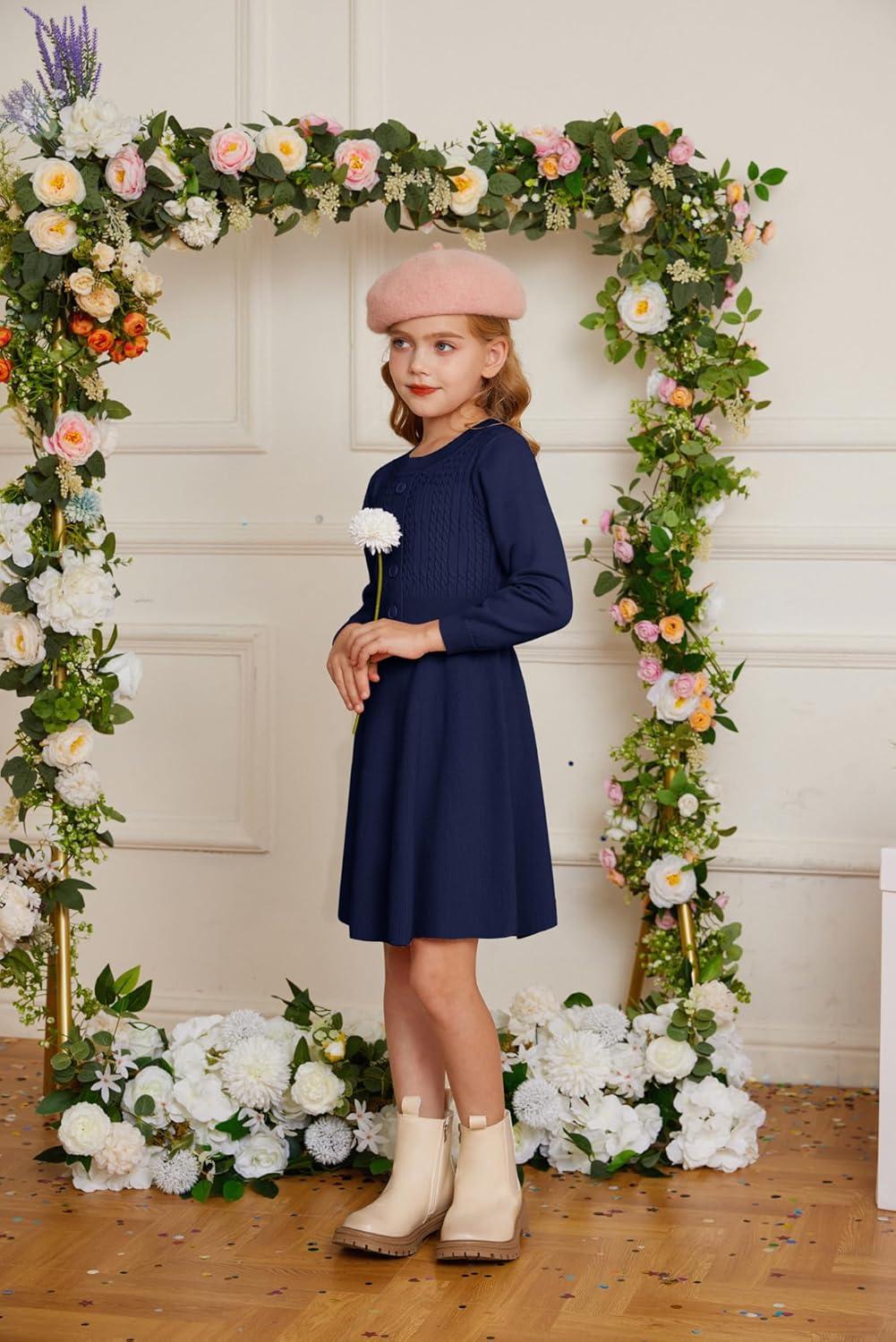 imageGRACE KARIN Girl Dress Long Sleeve Sweater Ruffle Button Front Knit Casual Fall Winter Dresses for Girls 512Royal Blue