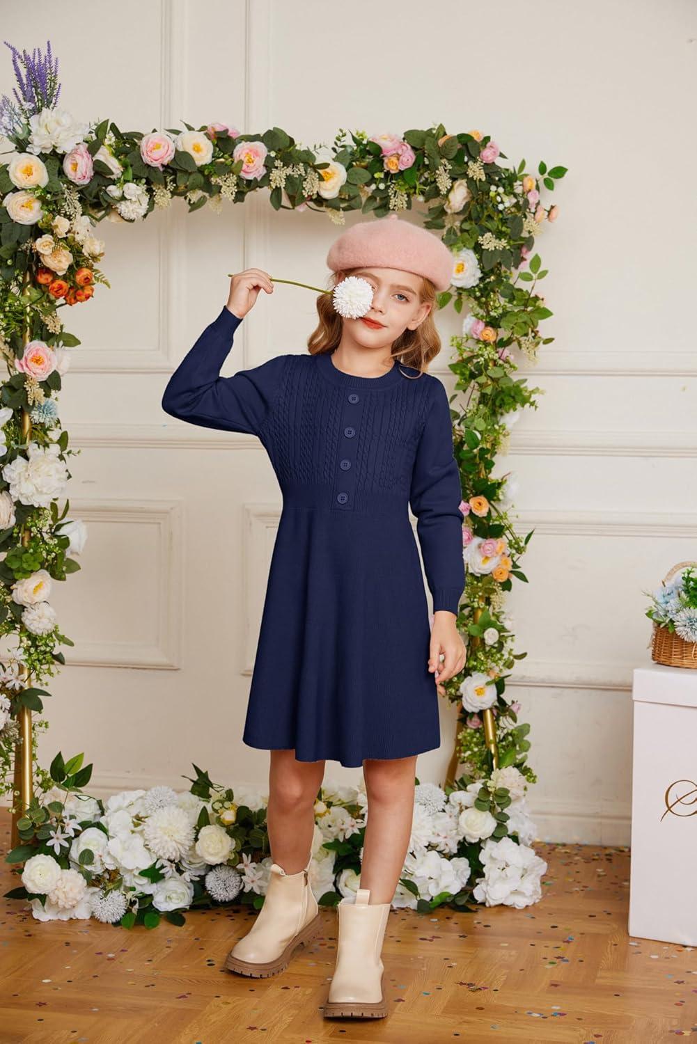 imageGRACE KARIN Girl Dress Long Sleeve Sweater Ruffle Button Front Knit Casual Fall Winter Dresses for Girls 512Royal Blue