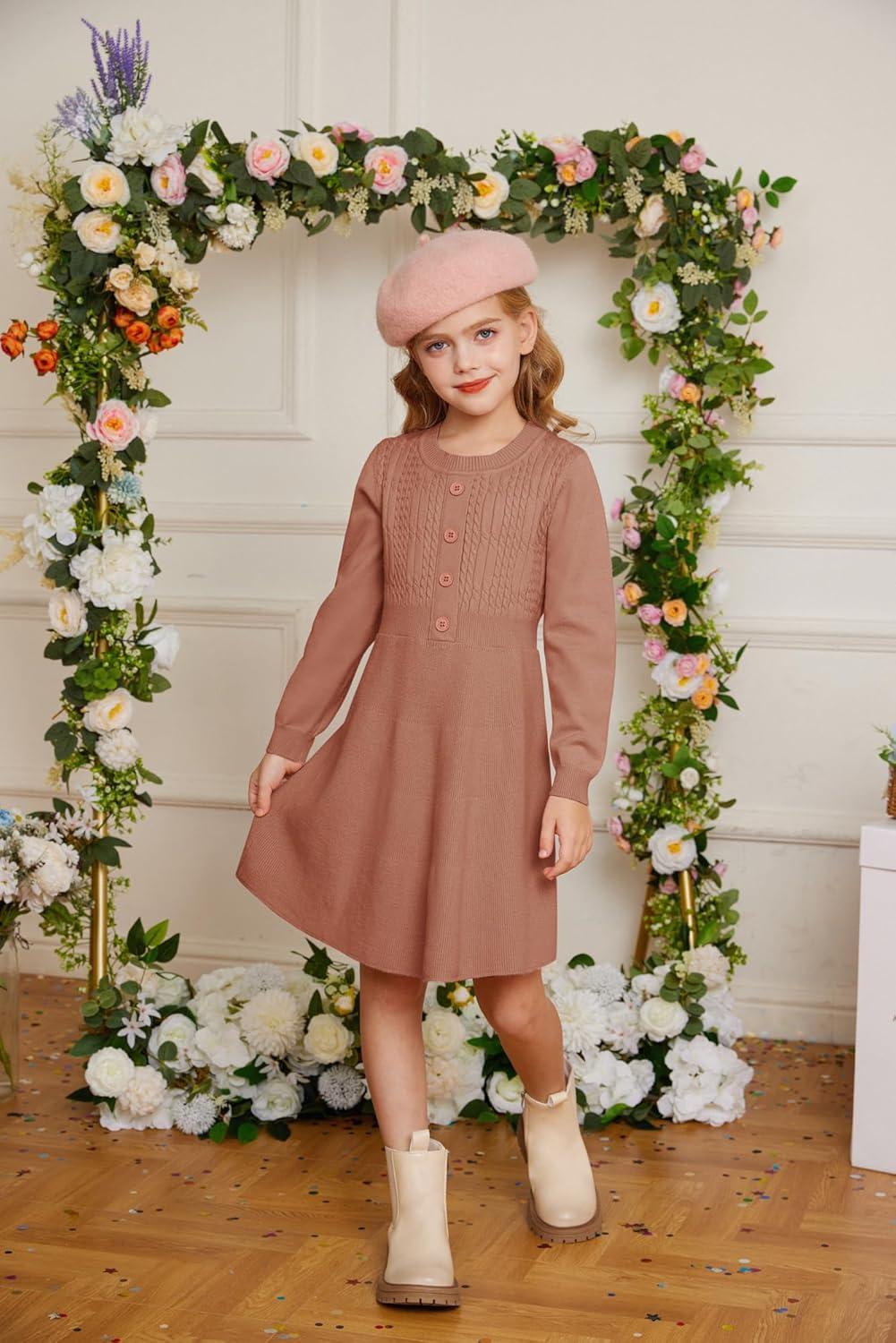 imageGRACE KARIN Girl Dress Long Sleeve Sweater Ruffle Button Front Knit Casual Fall Winter Dresses for Girls 512Rust Red