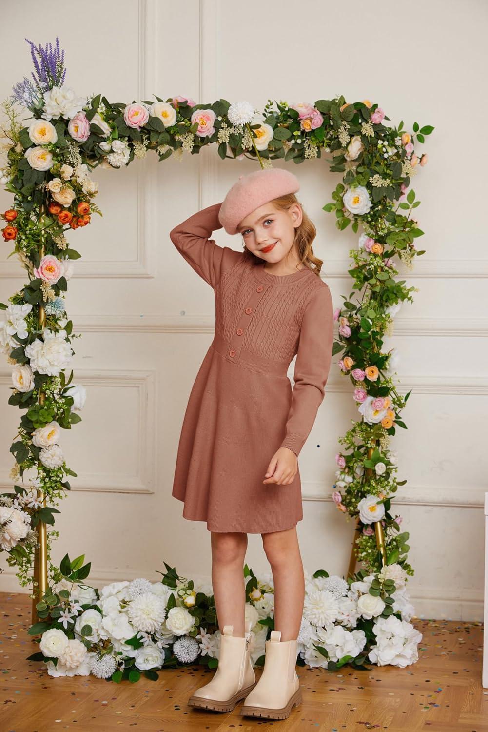 imageGRACE KARIN Girl Dress Long Sleeve Sweater Ruffle Button Front Knit Casual Fall Winter Dresses for Girls 512Rust Red