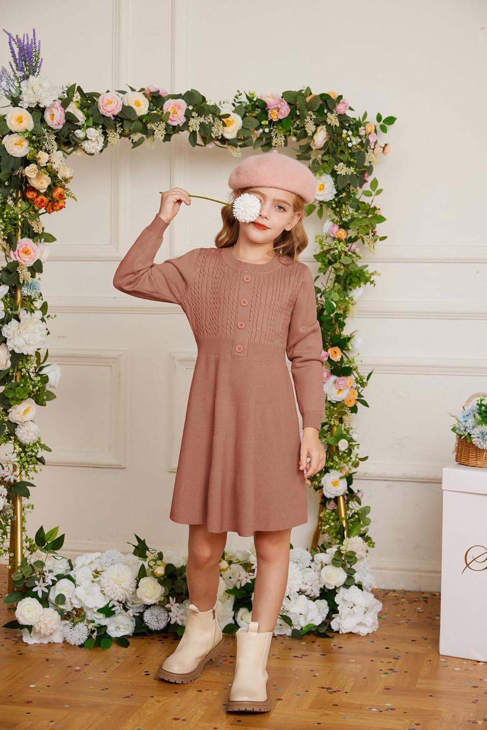 imageGRACE KARIN Girl Dress Long Sleeve Sweater Ruffle Button Front Knit Casual Fall Winter Dresses for Girls 512Rust Red