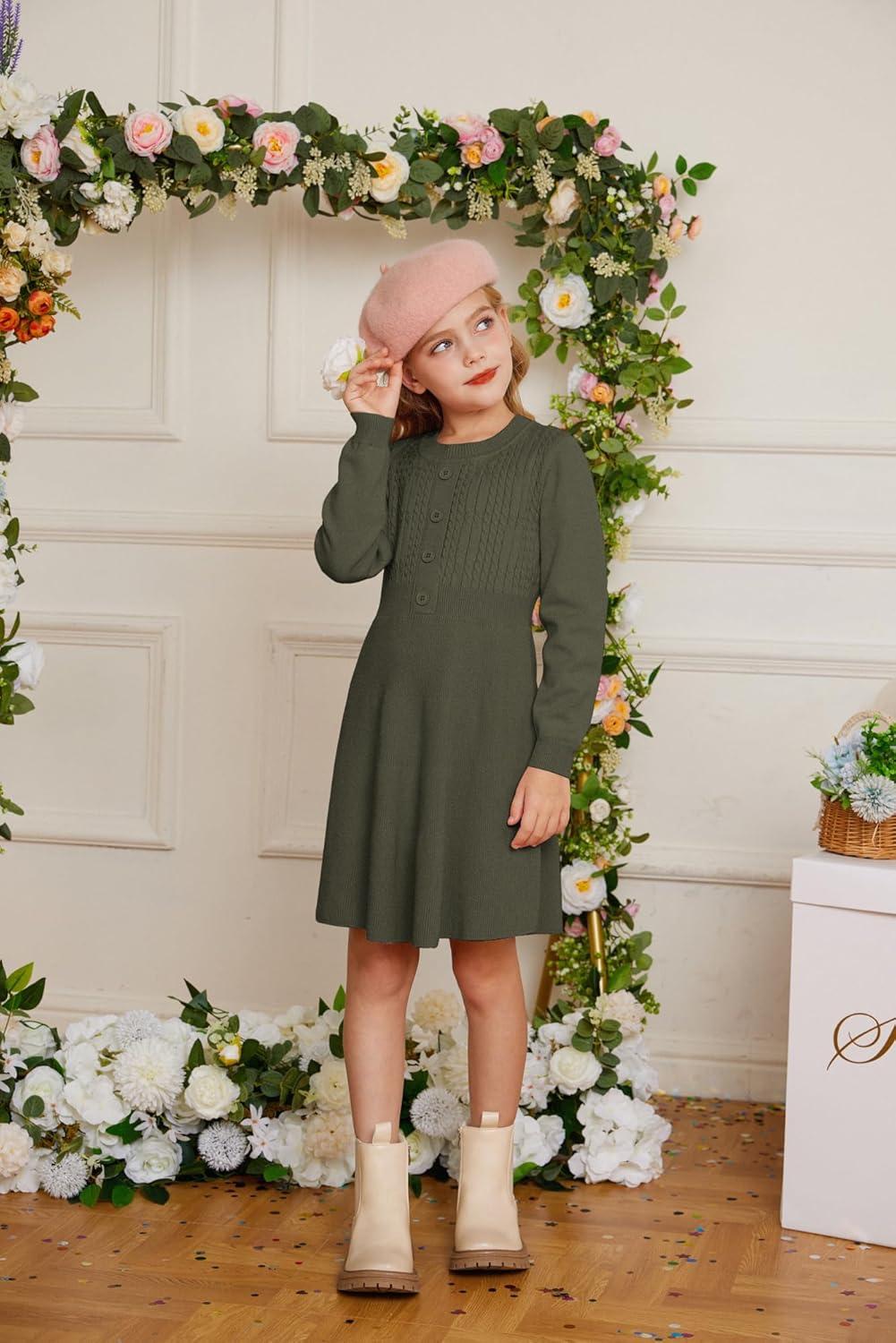 imageGRACE KARIN Girl Dress Long Sleeve Sweater Ruffle Button Front Knit Casual Fall Winter Dresses for Girls 512Tea Green