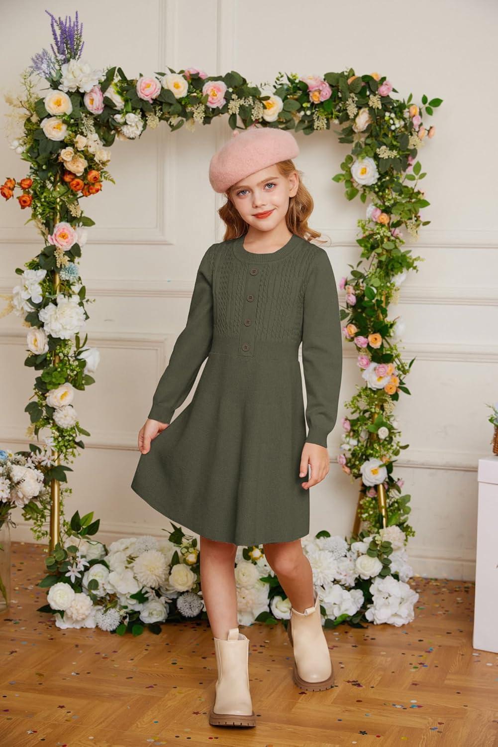 imageGRACE KARIN Girl Dress Long Sleeve Sweater Ruffle Button Front Knit Casual Fall Winter Dresses for Girls 512Tea Green