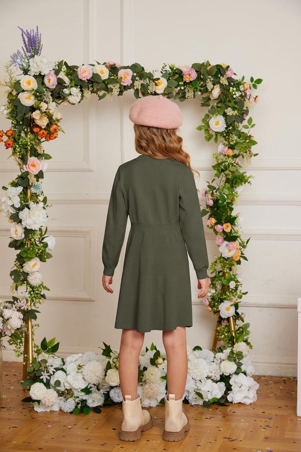 imageGRACE KARIN Girl Dress Long Sleeve Sweater Ruffle Button Front Knit Casual Fall Winter Dresses for Girls 512Tea Green