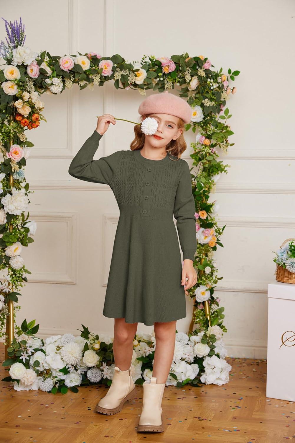 imageGRACE KARIN Girl Dress Long Sleeve Sweater Ruffle Button Front Knit Casual Fall Winter Dresses for Girls 512Tea Green