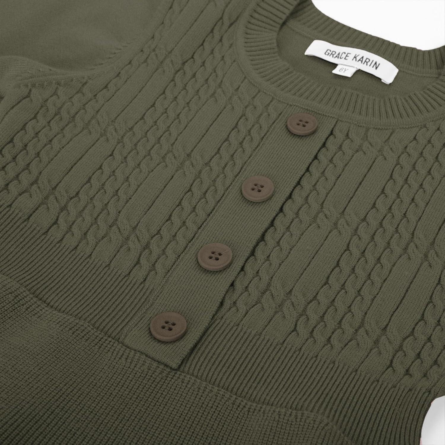 imageGRACE KARIN Girl Dress Long Sleeve Sweater Ruffle Button Front Knit Casual Fall Winter Dresses for Girls 512Tea Green