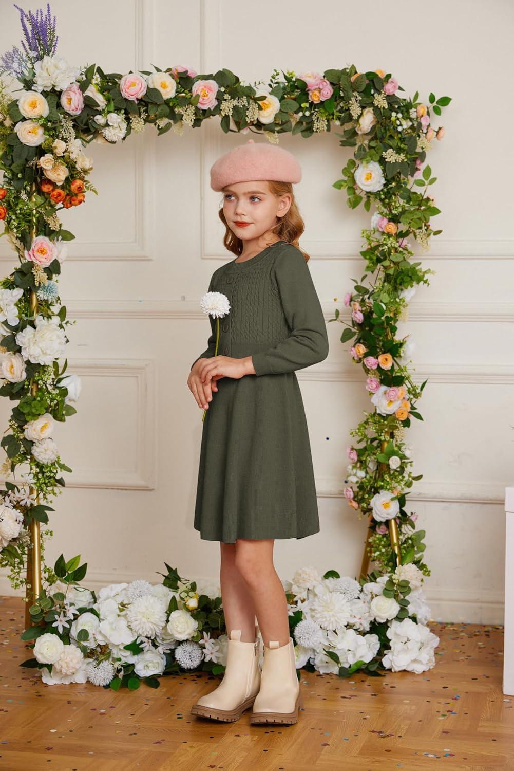 imageGRACE KARIN Girl Dress Long Sleeve Sweater Ruffle Button Front Knit Casual Fall Winter Dresses for Girls 512Tea Green