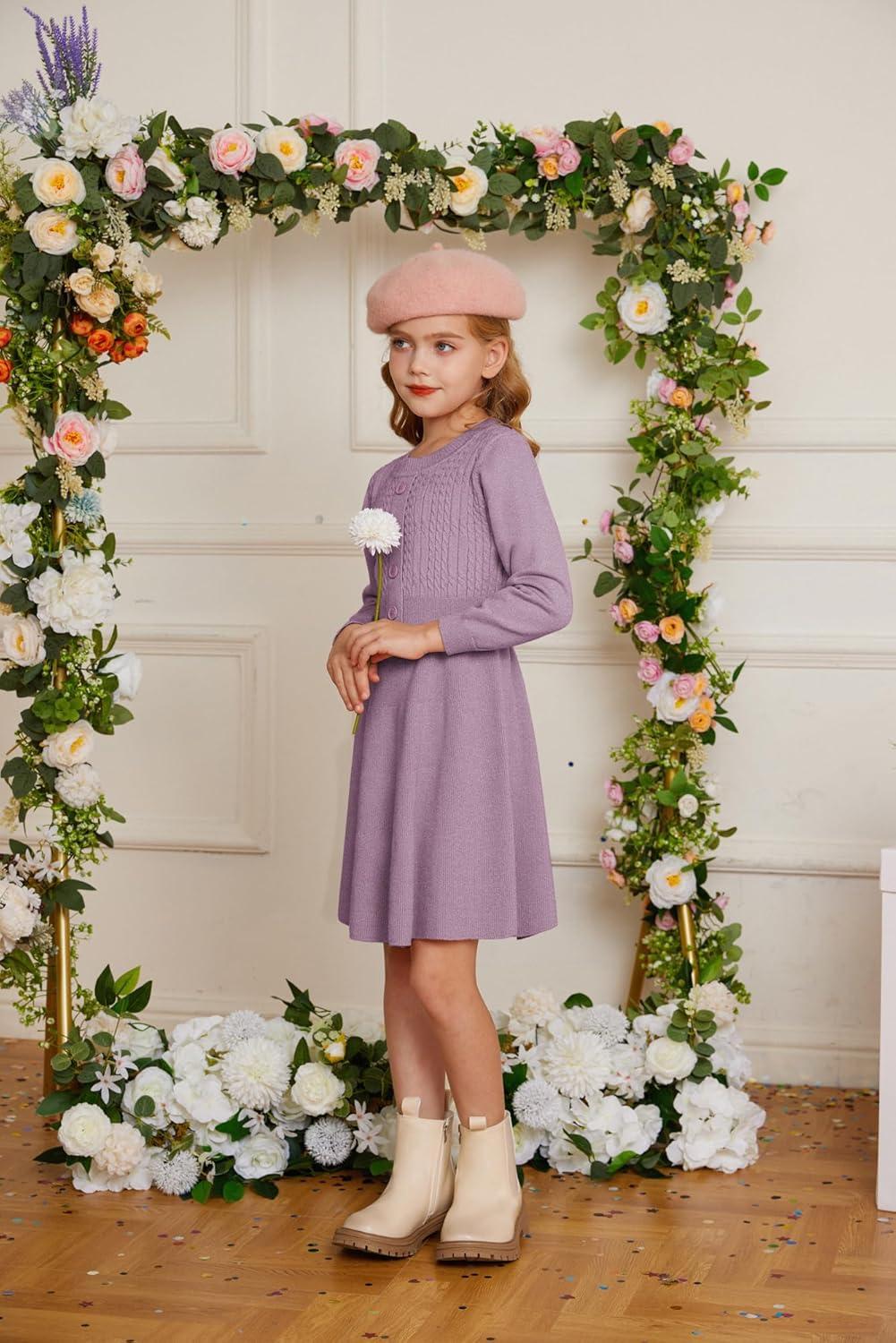 imageGRACE KARIN Girl Dress Long Sleeve Sweater Ruffle Button Front Knit Casual Fall Winter Dresses for Girls 512Unique Purple
