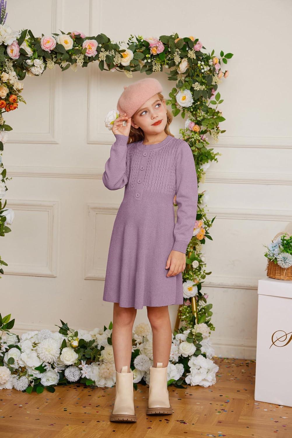 imageGRACE KARIN Girl Dress Long Sleeve Sweater Ruffle Button Front Knit Casual Fall Winter Dresses for Girls 512Unique Purple