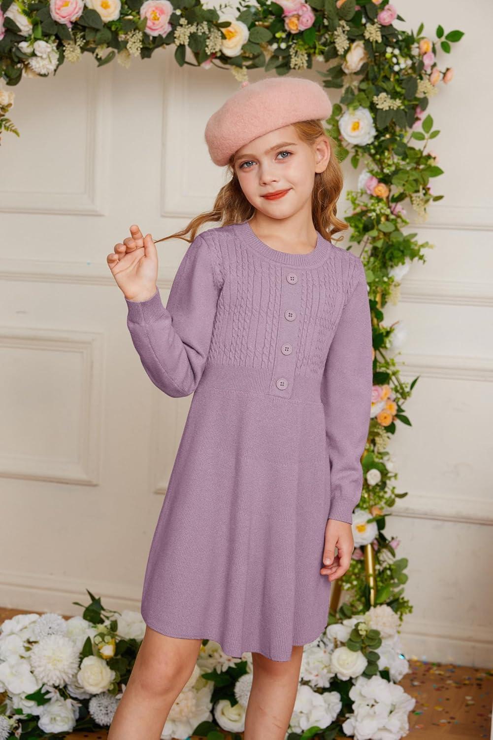 imageGRACE KARIN Girl Dress Long Sleeve Sweater Ruffle Button Front Knit Casual Fall Winter Dresses for Girls 512Unique Purple