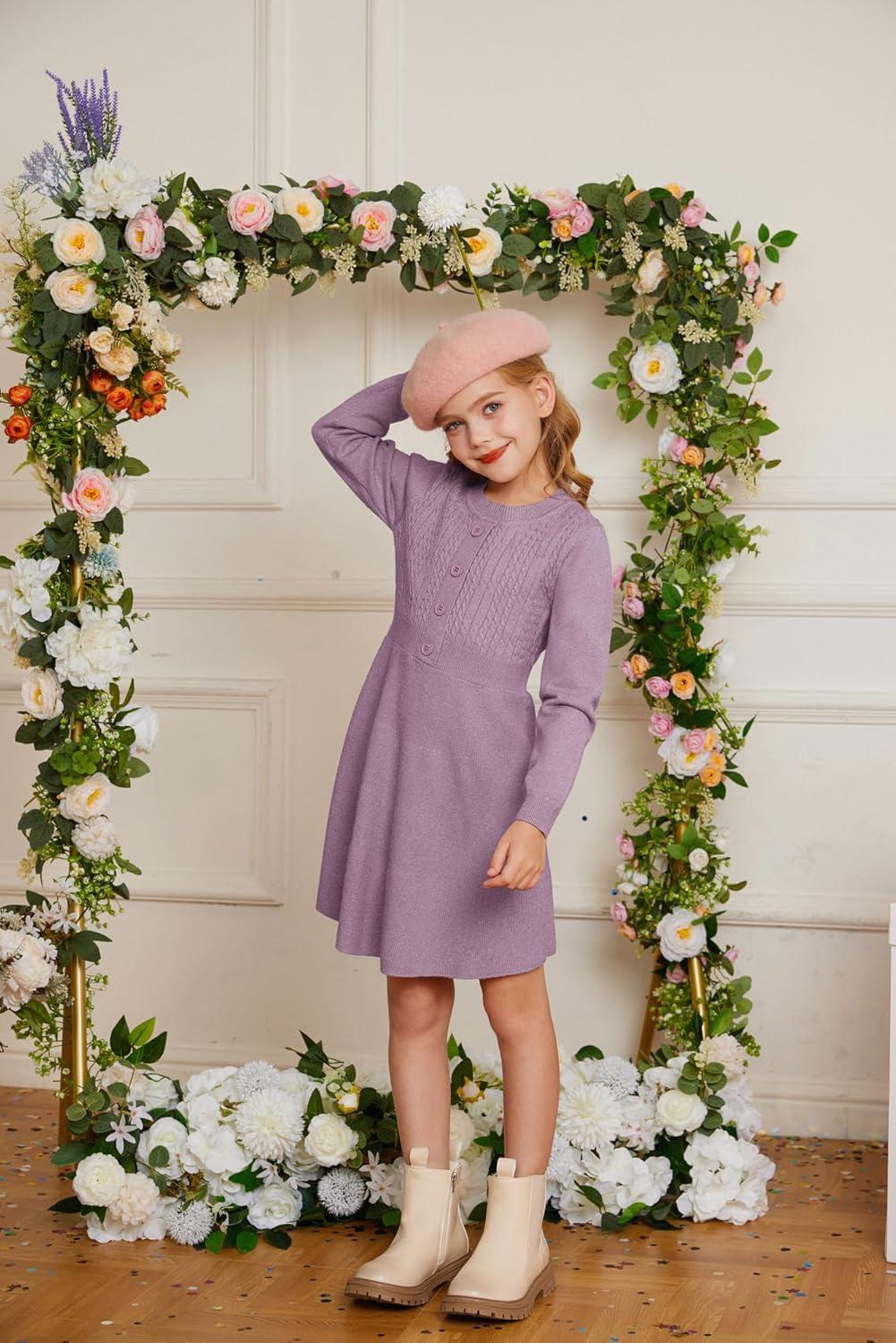 imageGRACE KARIN Girl Dress Long Sleeve Sweater Ruffle Button Front Knit Casual Fall Winter Dresses for Girls 512Unique Purple