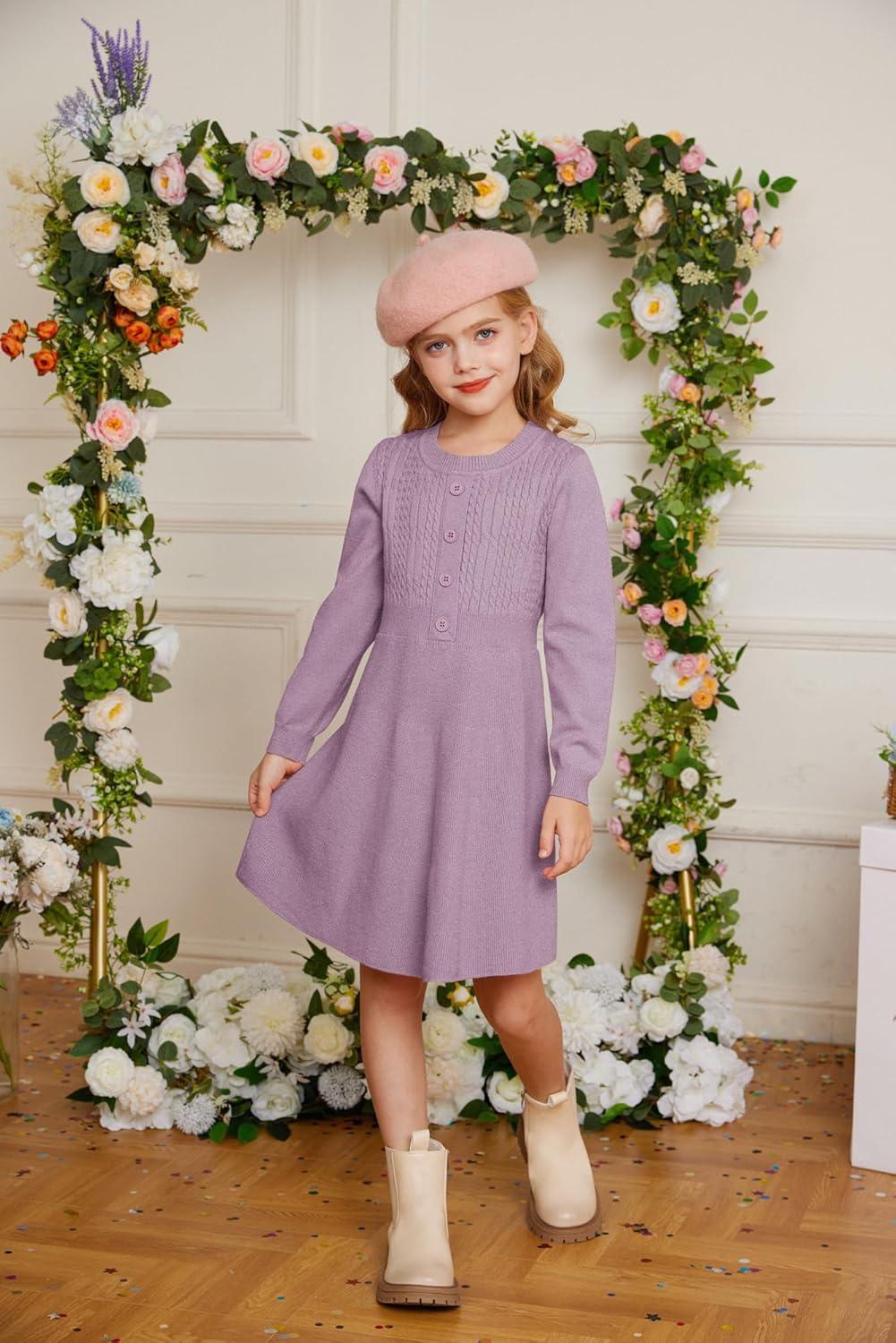 imageGRACE KARIN Girl Dress Long Sleeve Sweater Ruffle Button Front Knit Casual Fall Winter Dresses for Girls 512Unique Purple