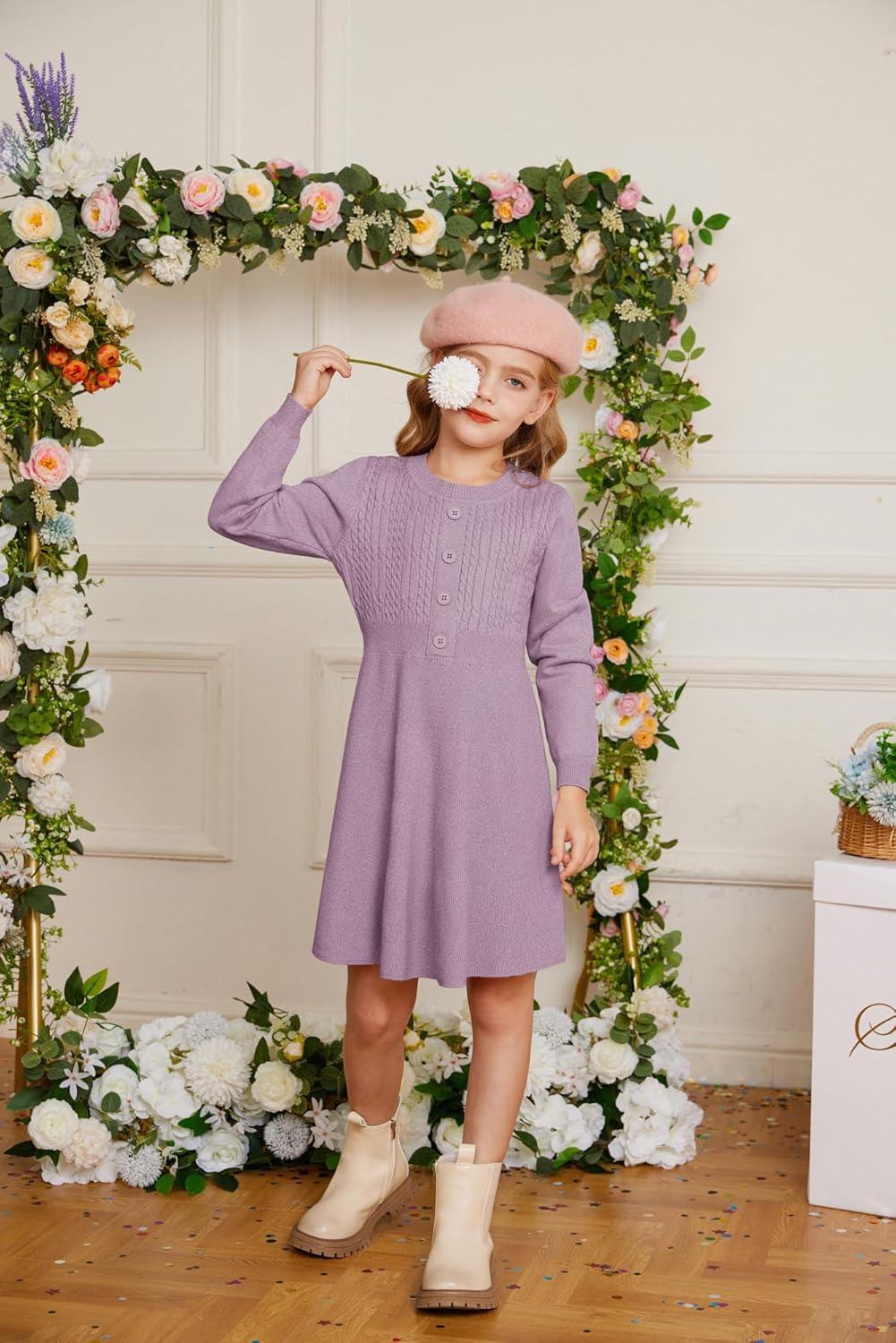 imageGRACE KARIN Girl Dress Long Sleeve Sweater Ruffle Button Front Knit Casual Fall Winter Dresses for Girls 512Unique Purple