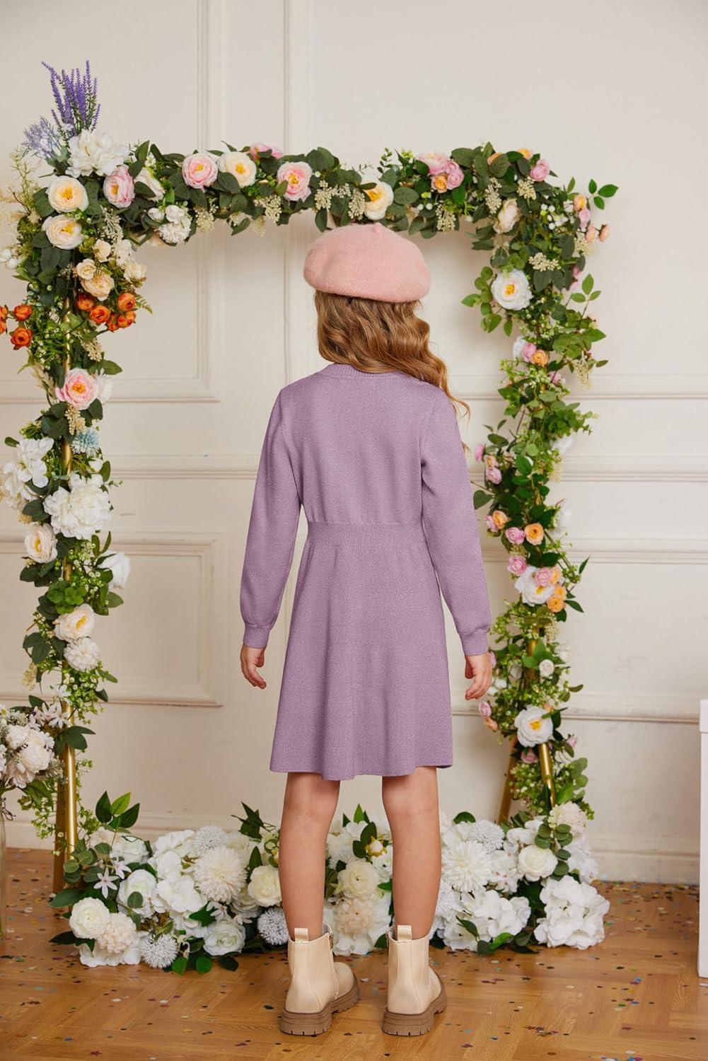 imageGRACE KARIN Girl Dress Long Sleeve Sweater Ruffle Button Front Knit Casual Fall Winter Dresses for Girls 512Unique Purple