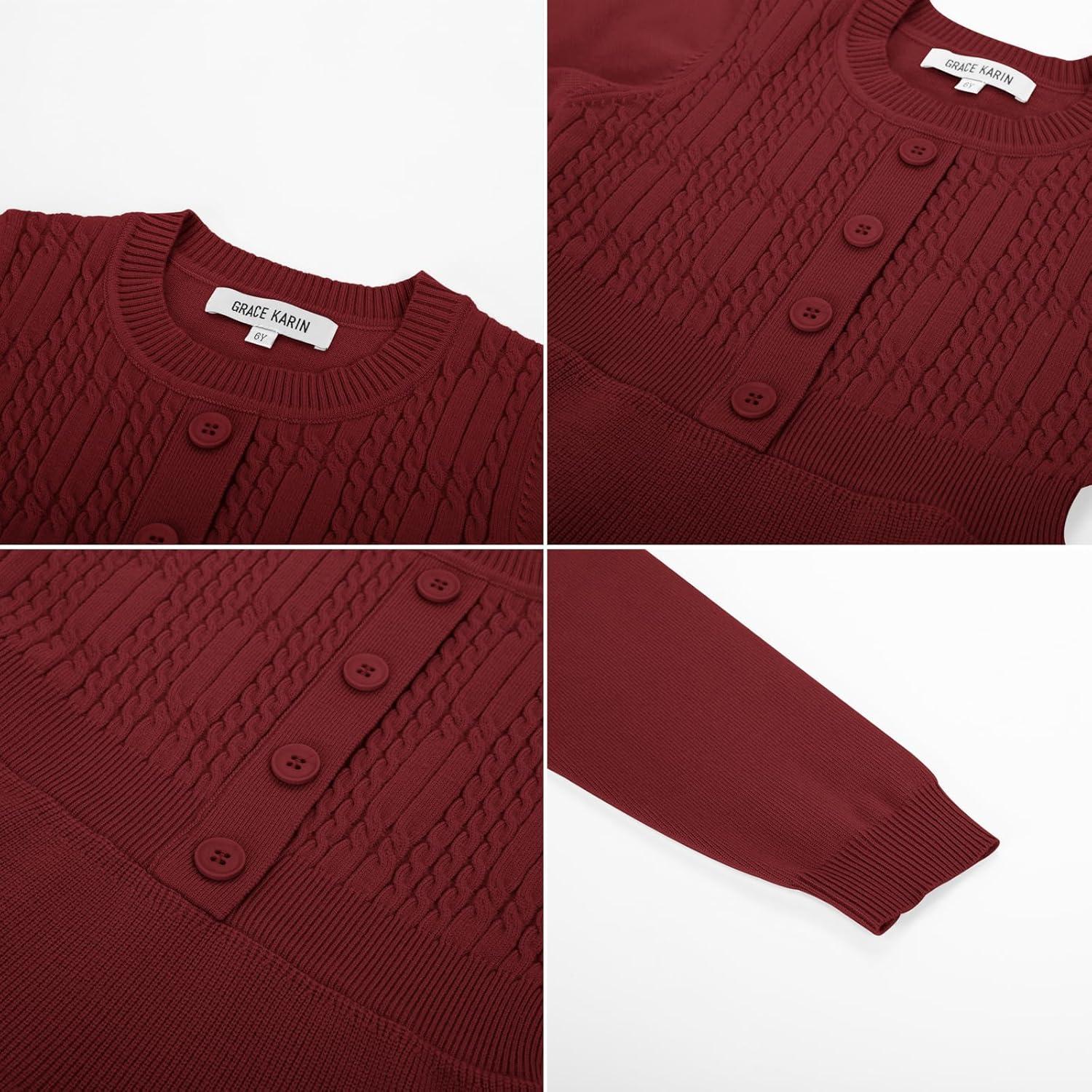 imageGRACE KARIN Girl Dress Long Sleeve Sweater Ruffle Button Front Knit Casual Fall Winter Dresses for Girls 512Wine Red