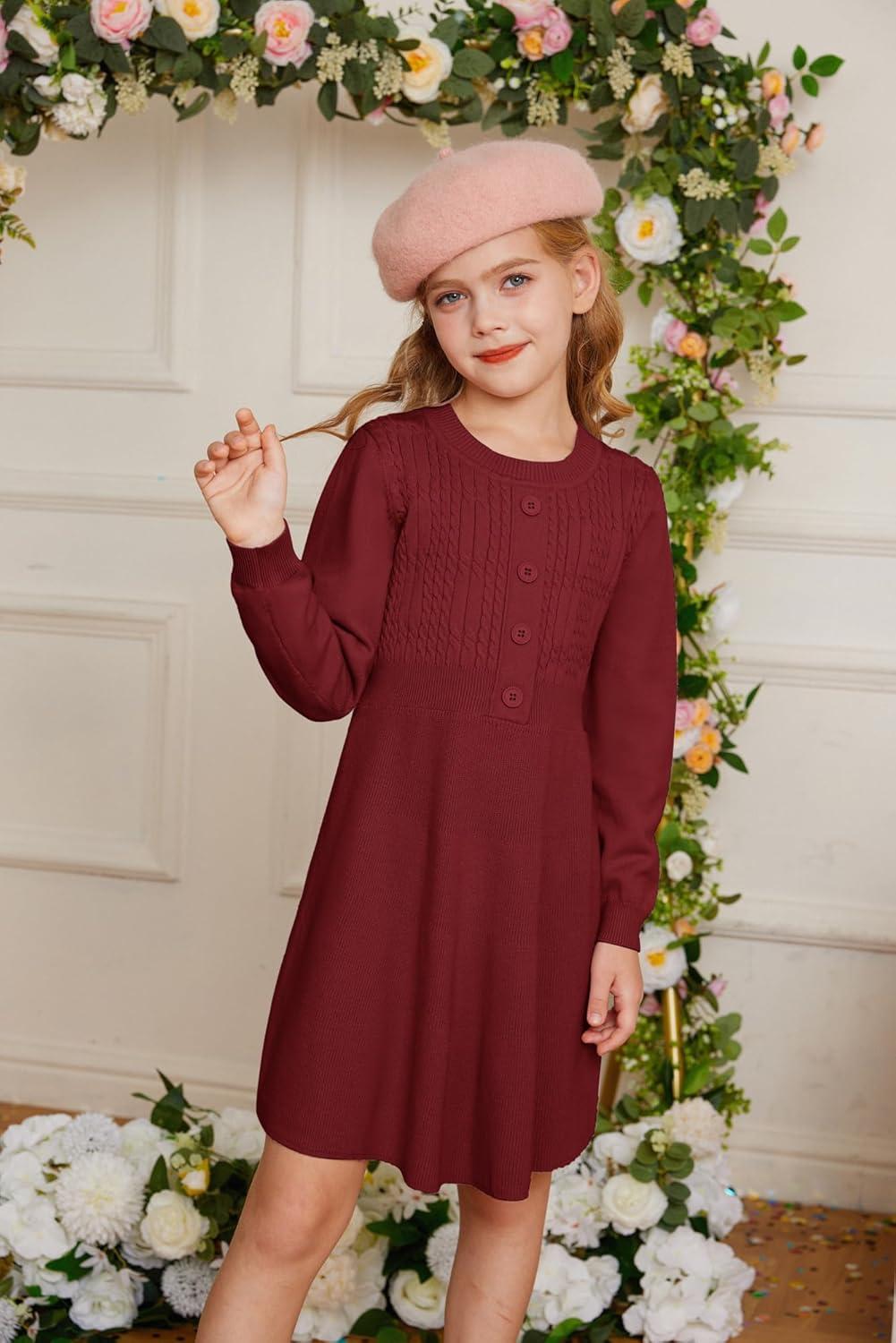 imageGRACE KARIN Girl Dress Long Sleeve Sweater Ruffle Button Front Knit Casual Fall Winter Dresses for Girls 512Wine Red